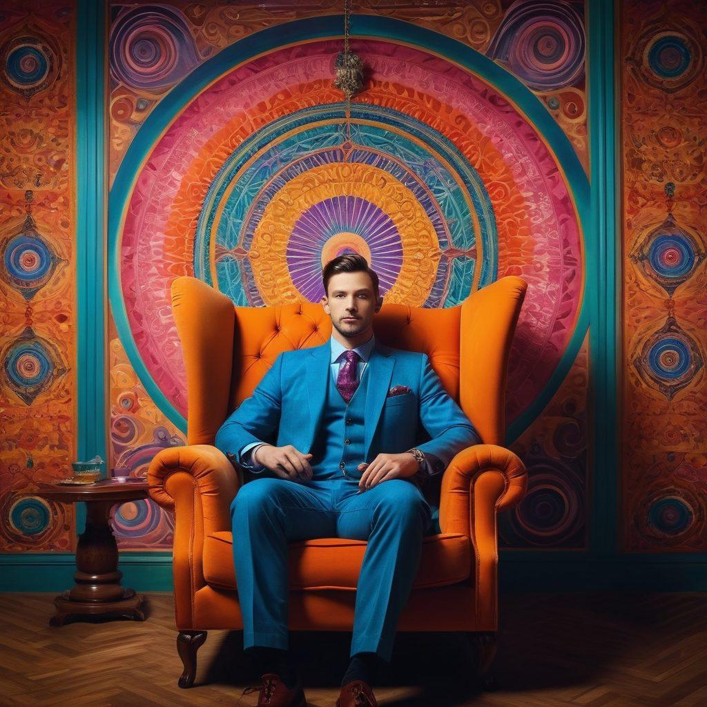 A captivating scene of a confident straight man in a relaxed state, sitting in a vintage armchair, with a hypnotist's pendant swinging gently in front of him, surrounded by swirling colorful patterns symbolizing the mind's power. Soft lighting emphasizes the man's tranquility as enigmatic hues blend into abstract shapes, showcasing the fascinating techniques of hypnotism. vibrant colors. surreal style.