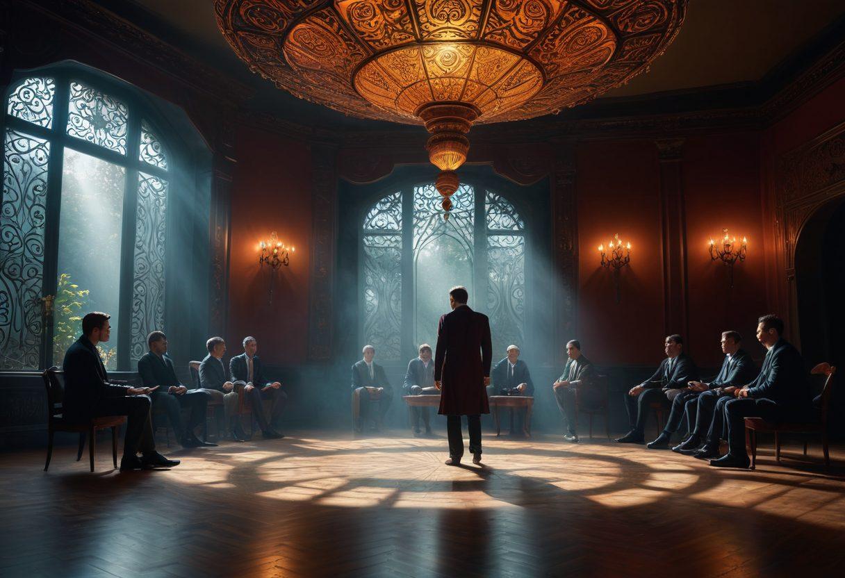 A captivating scene depicting a diverse group of men in a serene environment, engaged in a mesmerizing hypnotic session with swirling patterns in vibrant colors around them. The focus is on a confident hypnotist guiding them with an ornate pendulum, while shadowy silhouettes represent the subconscious mind influences. The atmosphere is mystical yet inviting, suggesting transformation and allure. super-realistic. vibrant colors. ethereal lighting.