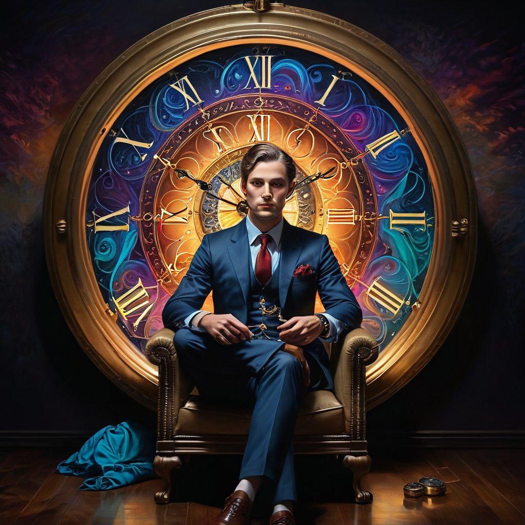 A surreal scene of a straight man sitting in a comfortable, dimly-lit room, engaged in a hypnotic session with swirling, colorful patterns emanating from a vintage pocket watch. Soft light casts gentle shadows, emphasizing a relaxed expression on the man's face as he finds inner peace. The background hints at subtle behavioral changes, represented by thought bubbles of a confident posture and open-minded conversations. Evoke a sense of transformation and self-discovery. painting. vibrant colors. dreamy atmosphere.